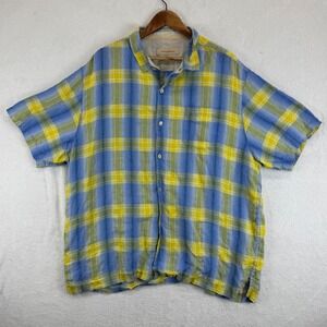 Tommy Bahama Mens XXL Linen Plaid Short Sleeve Button Up Shirt Blue Yellow‎